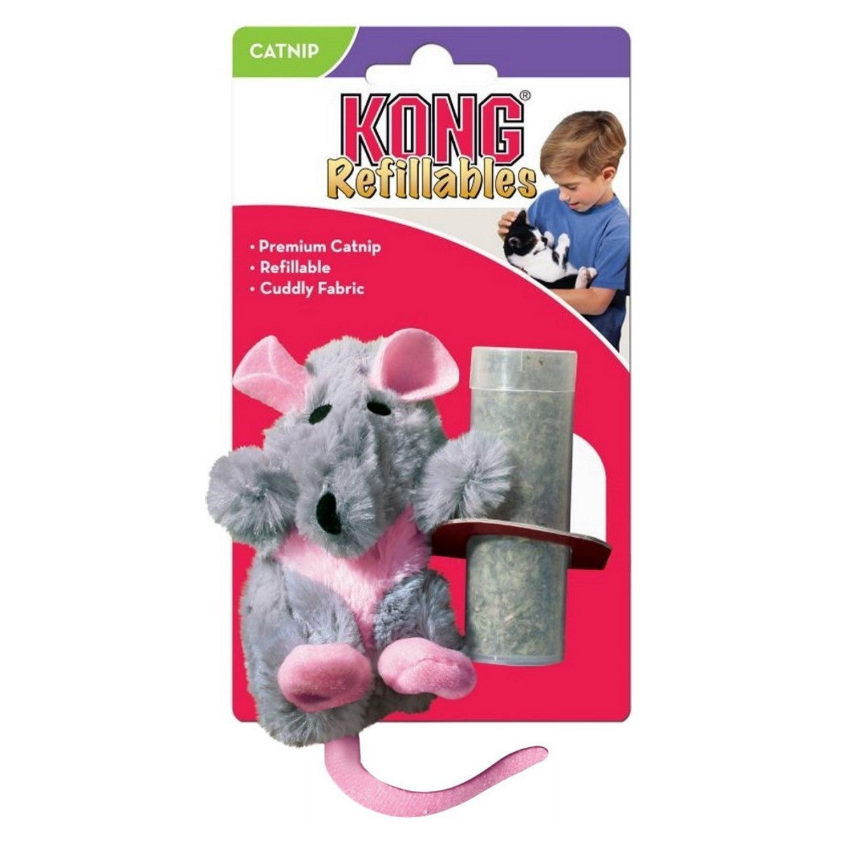 Kong Refillables cat toy packaging with a gray mouse and catnip container on a pink background.