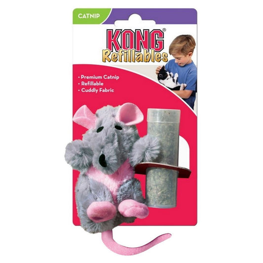 Kong Refillables cat toy packaging with a gray mouse and catnip container on a pink background.