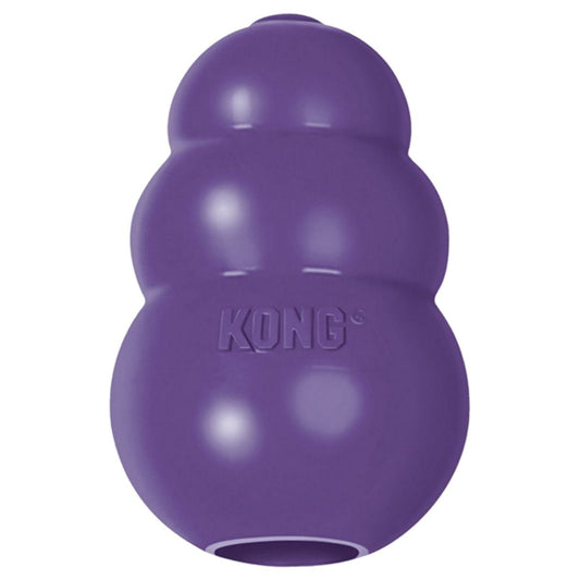 Purple KONG dog toy on a white background