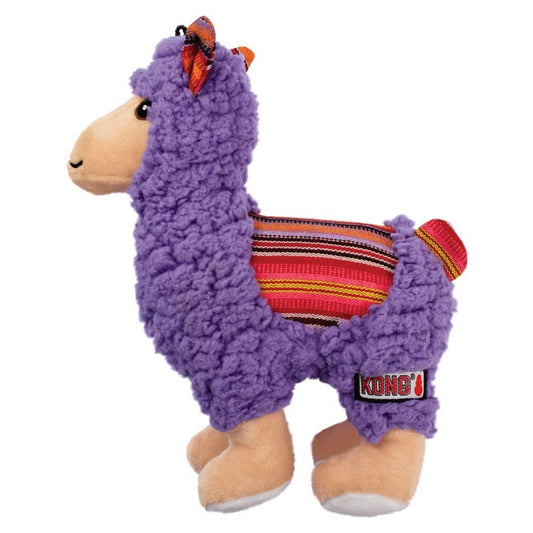 Purple llama-shaped toy with a striped interior and KONG logo on a white background