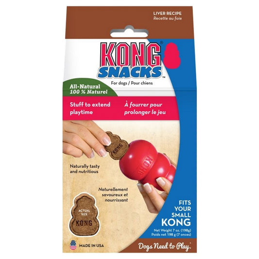 Kong Snacks packaging with a red dog toy and a hand holding a treat.