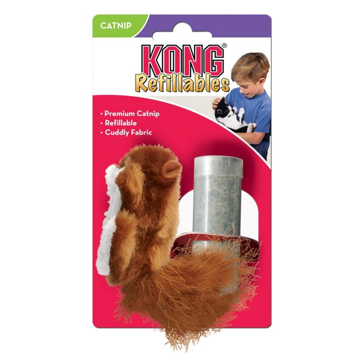 Kong Refillables cat toy packaging with a child and dog on a white background