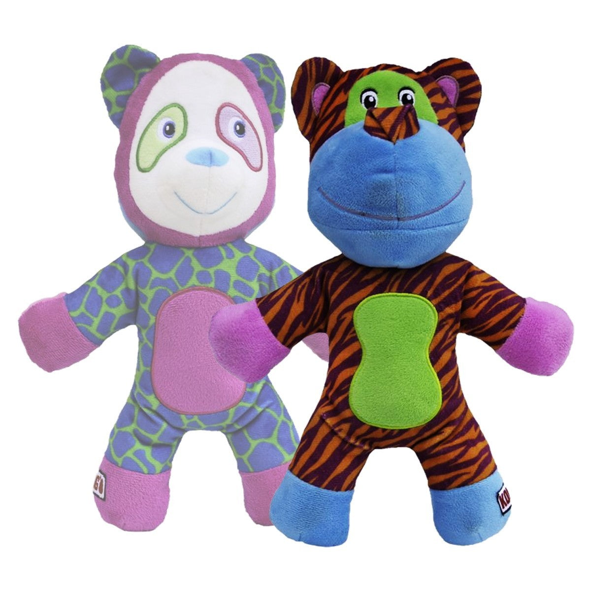 Two colorful plush toys with animal patterns on a white background
