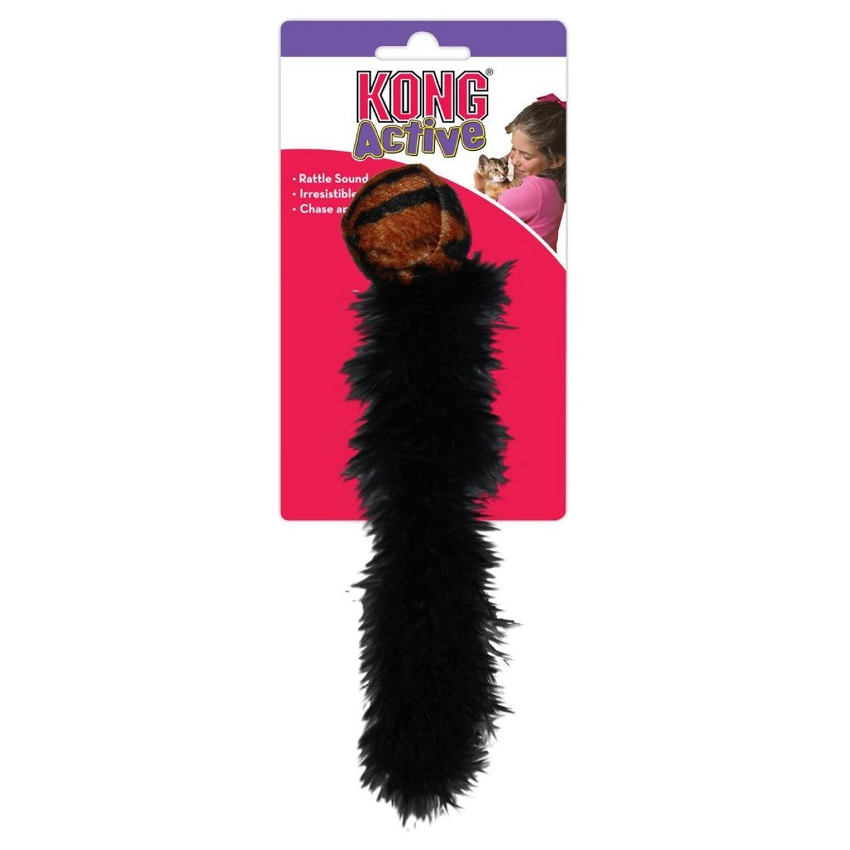 Black dog toy with a purple and white packaging featuring KONG branding.