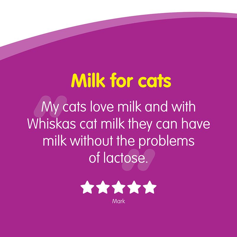 Purple background with yellow and white text about Whiskas cat milk