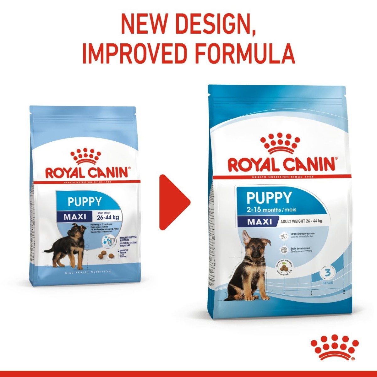Two packages of Royal Canin Puppy Maxi dog food with a red arrow and text indicating a new design and improved formula.