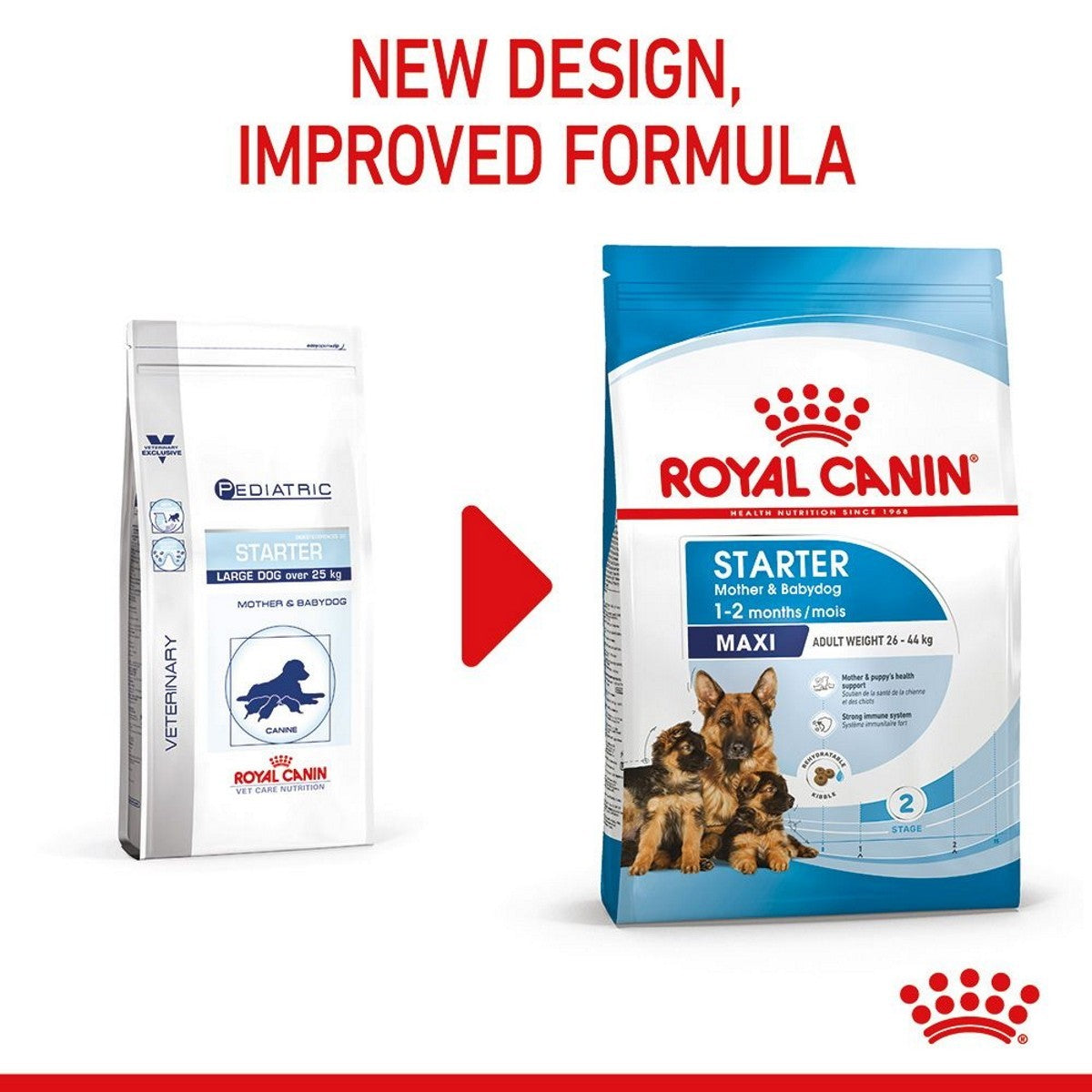 Two Royal Canin dog food packages with text indicating a new design and improved formula.