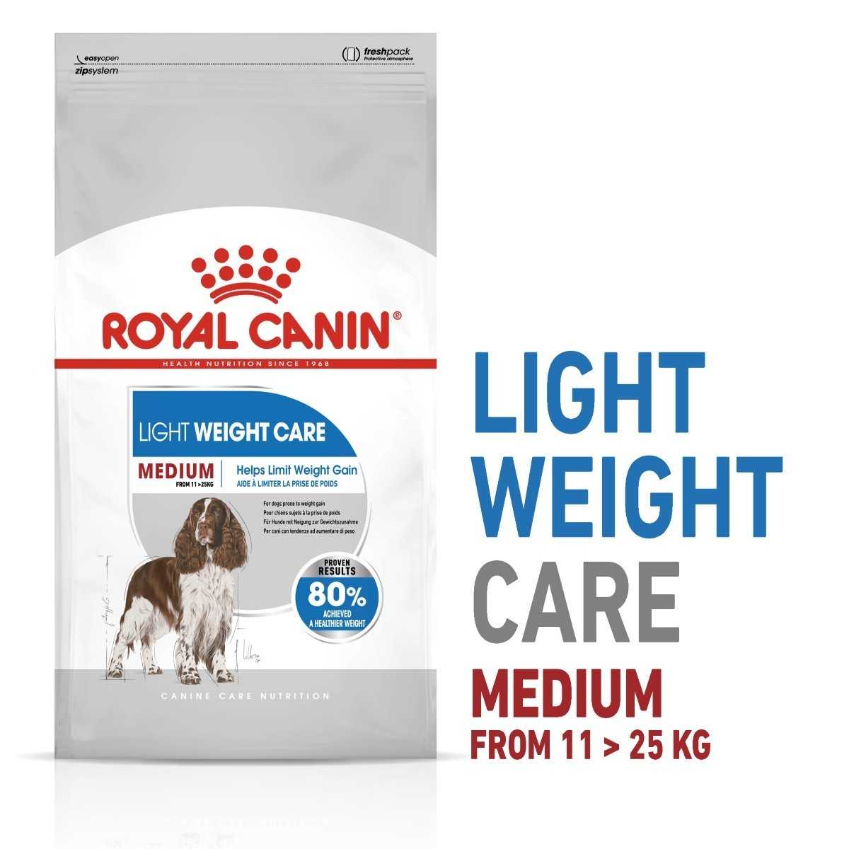 Royal Canin Light Weight Care Medium dog food packaging on a white background