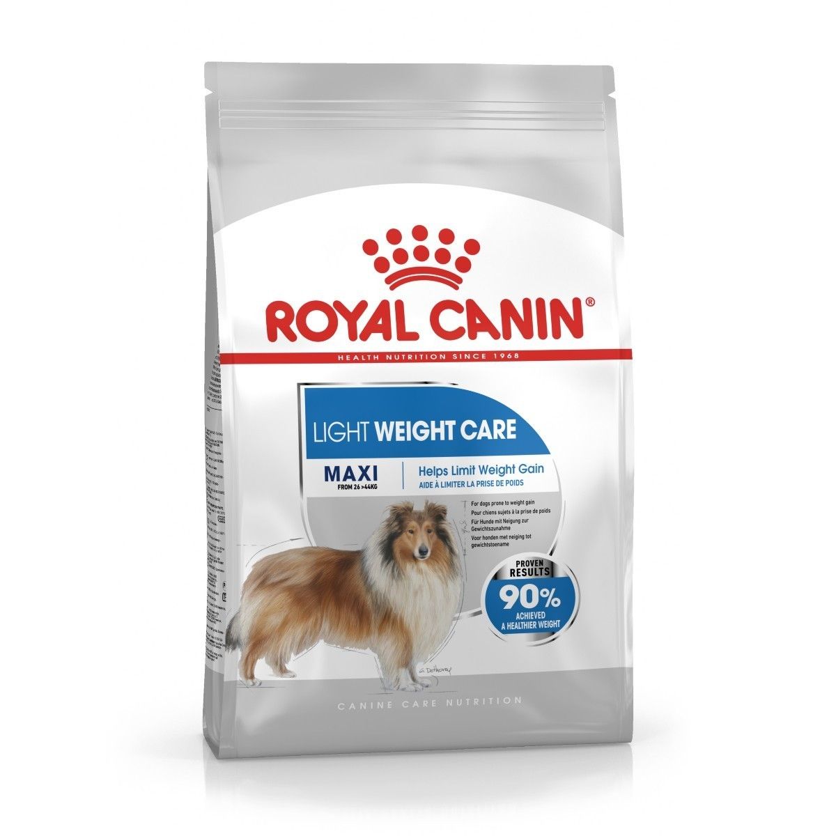 Royal Canin Light Weight Care dog food package on a white background