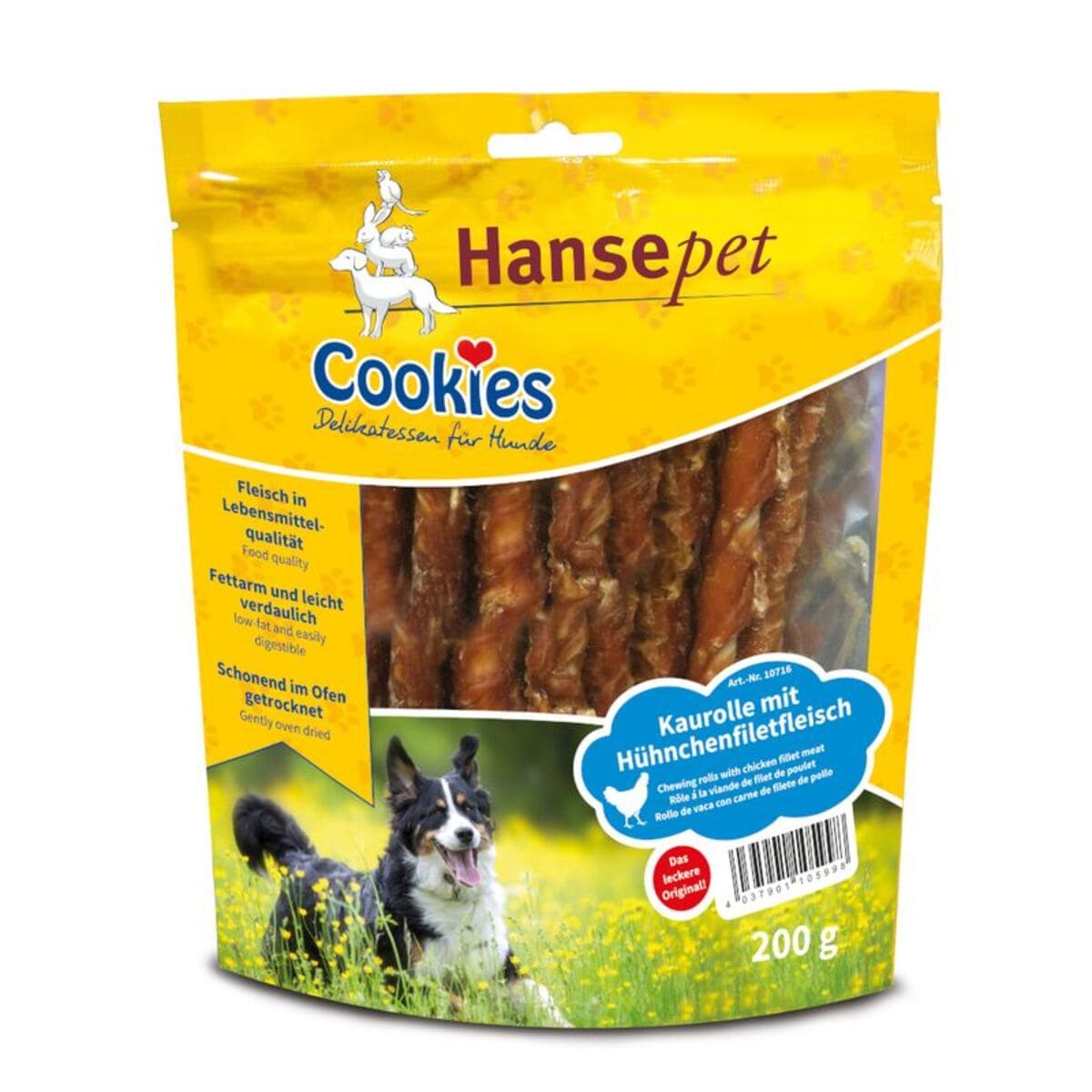 Hansepet Cookies dog treat package with a dog on a yellow background