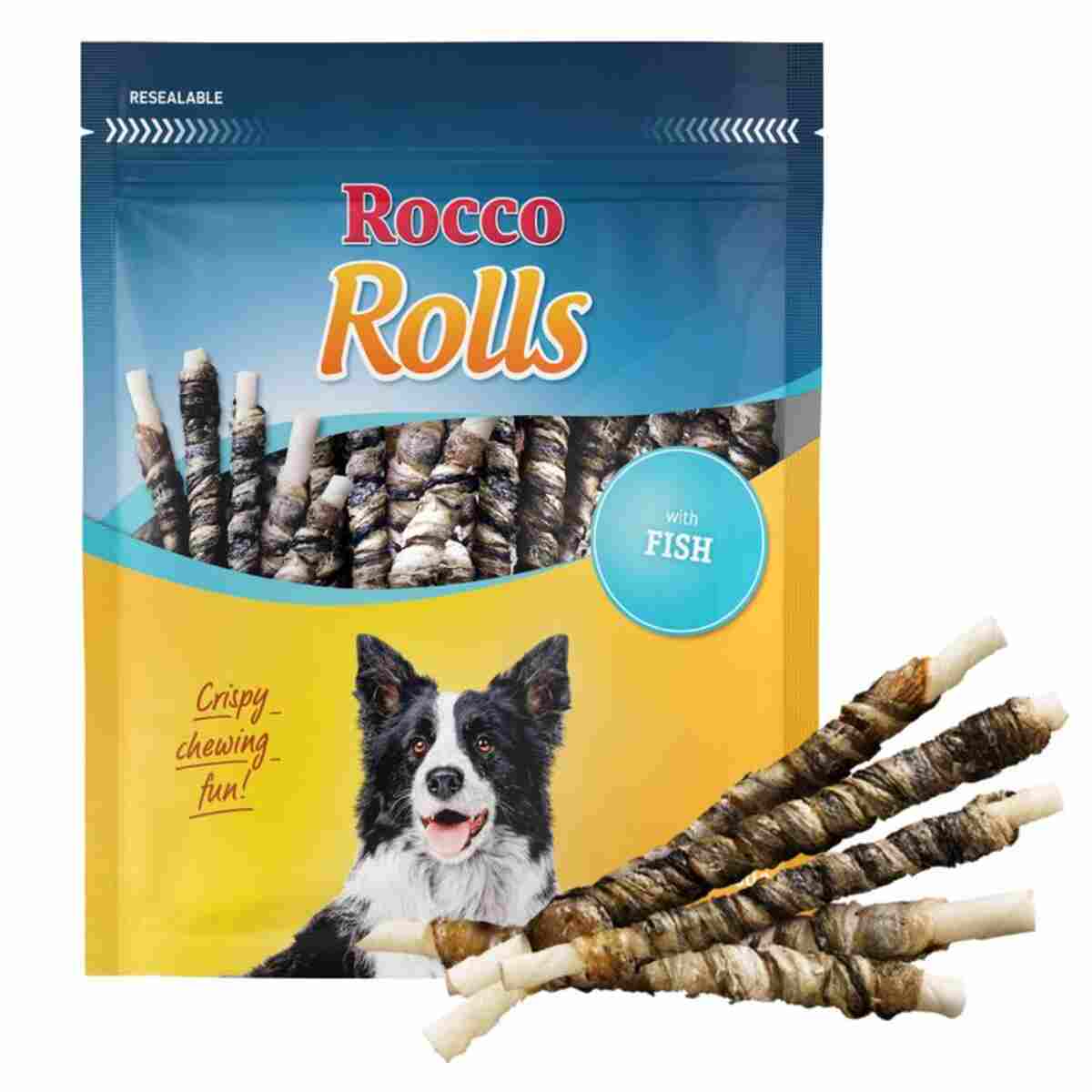 Rocco Rolls dog treat package with a dog on the front, showing the treats.