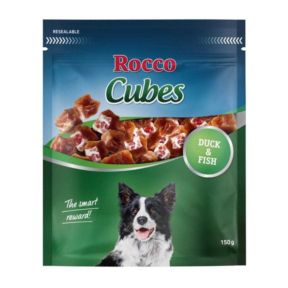 Rocco Cubes dog treat package with a dog on the label