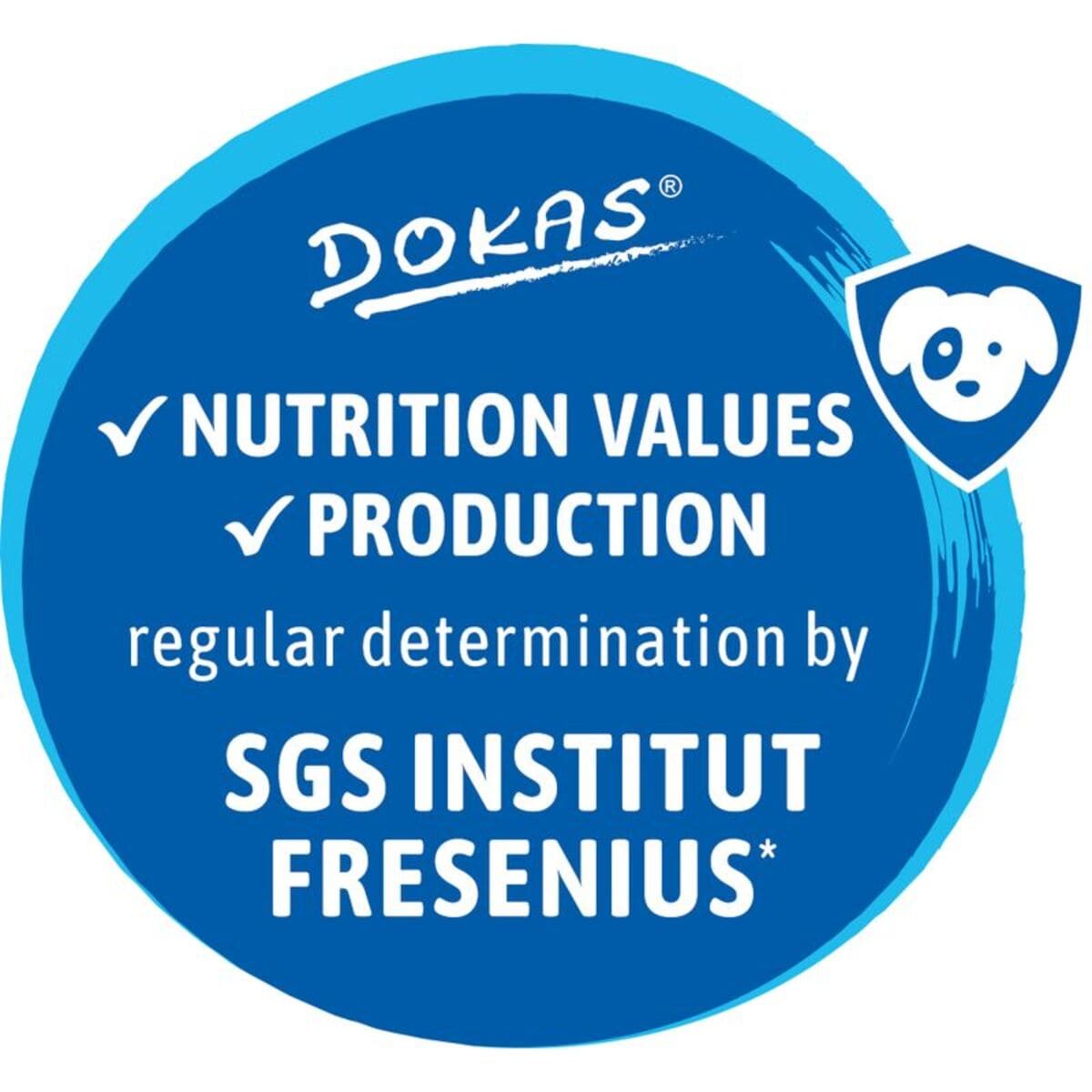 Dokas logo with text about nutrition values and production determination by SGS Institut Fresenius on a blue background
