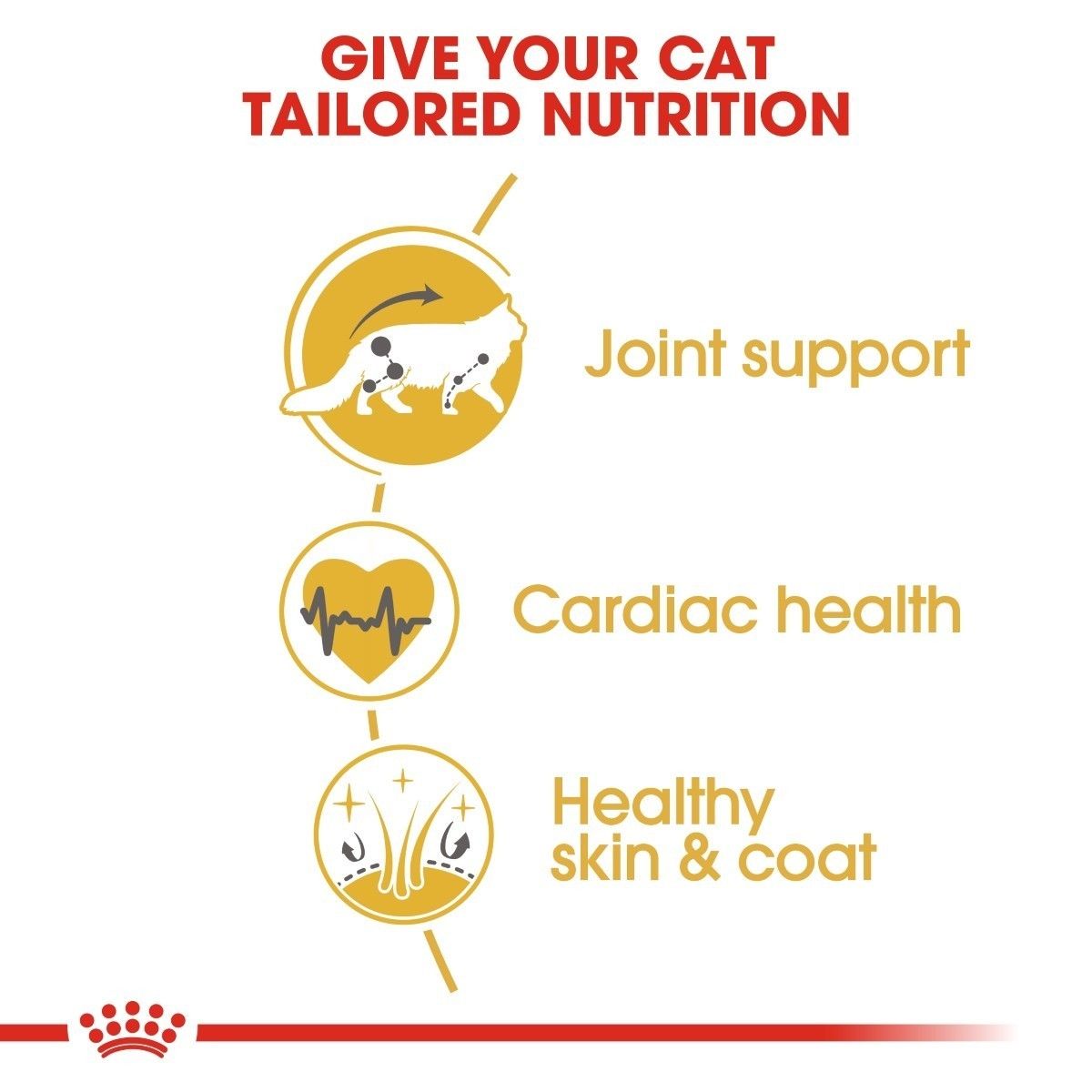 Diagram of cat nutrition benefits with icons for joint support, cardiac health, and healthy skin & coat on a white background.