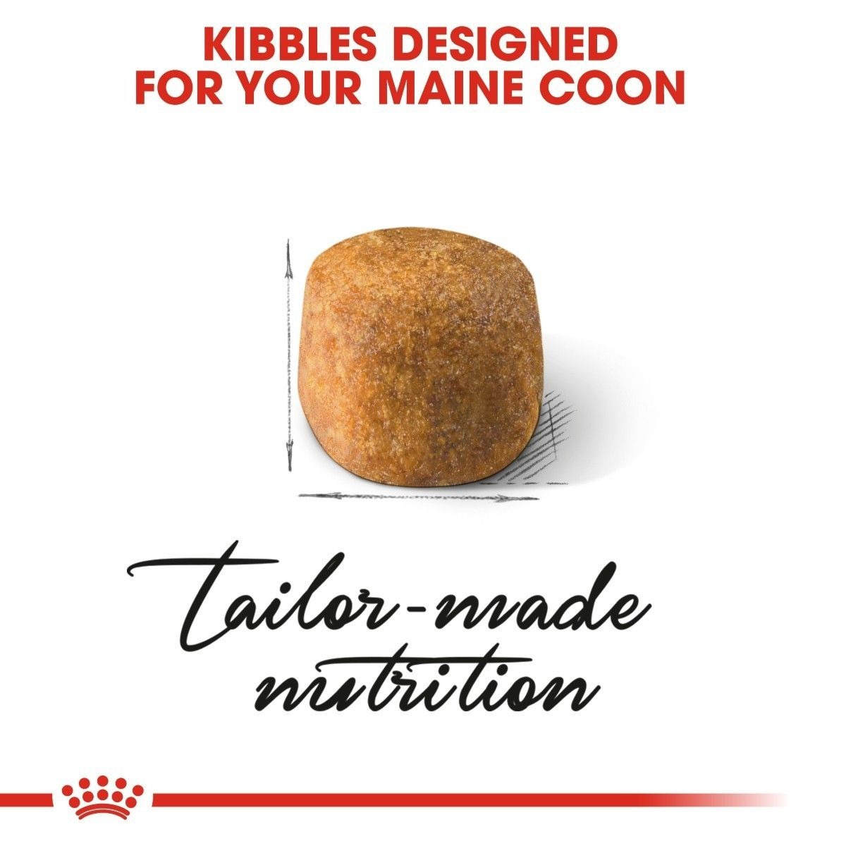 Cat food kibble with text 'Kibbles Designed for Your Maine Coon' and 'Tailor-made nutrition' on a white background.