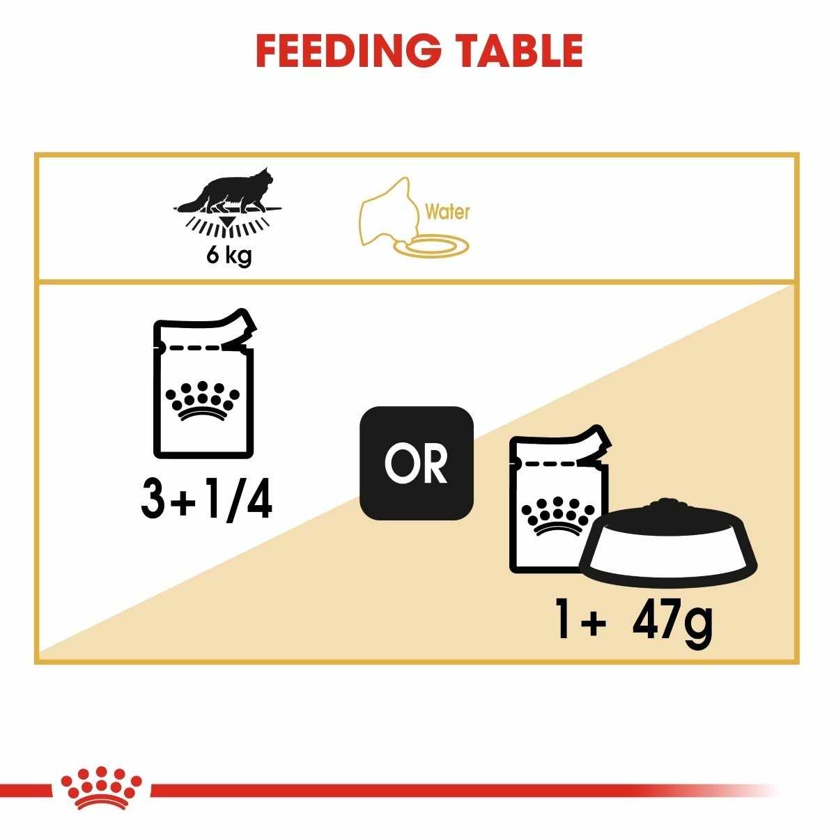 Feeding table diagram for a pet with icons and text indicating weight, water, and food quantities.