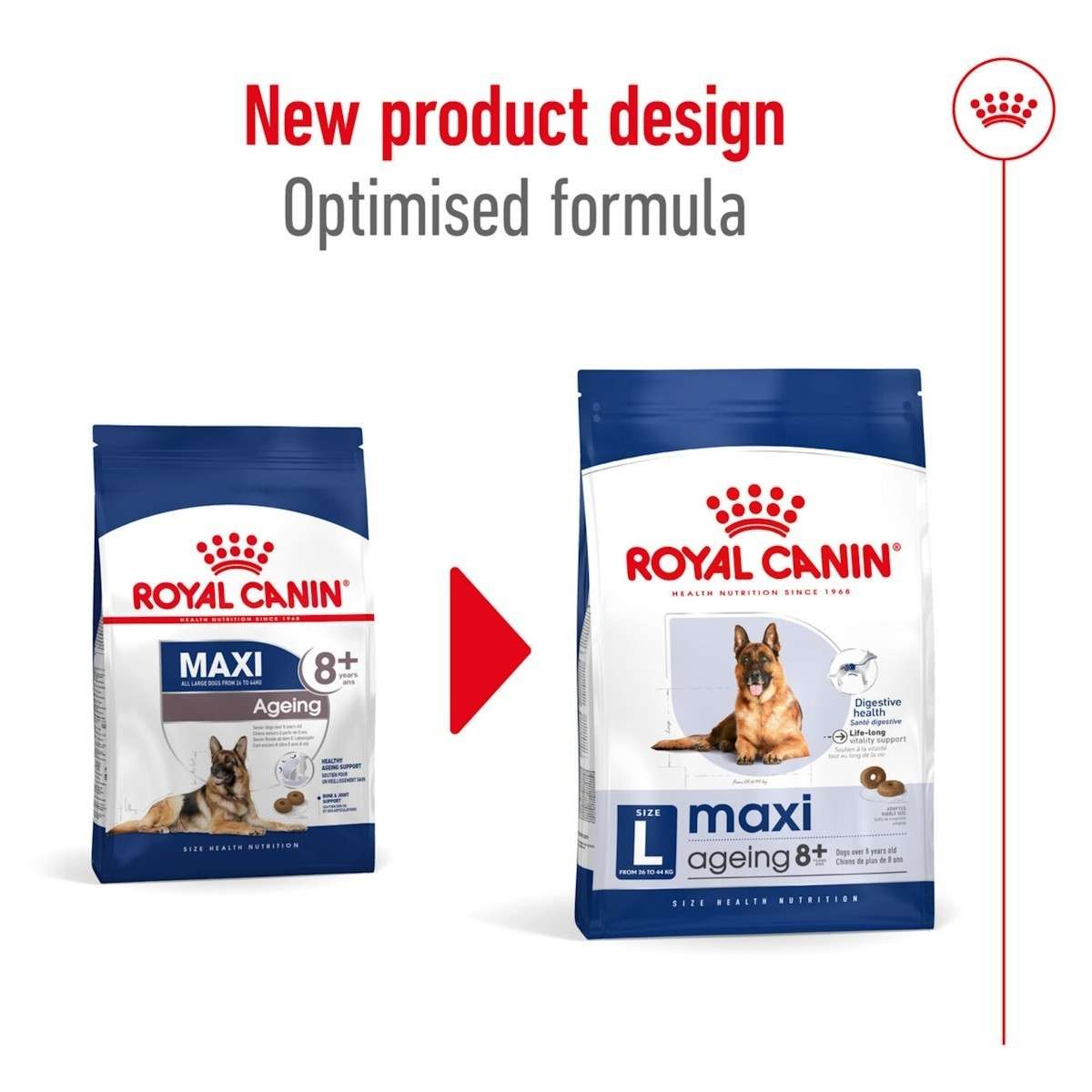 Two packages of Royal Canin Maxi dog food with a red arrow between them on a white background.