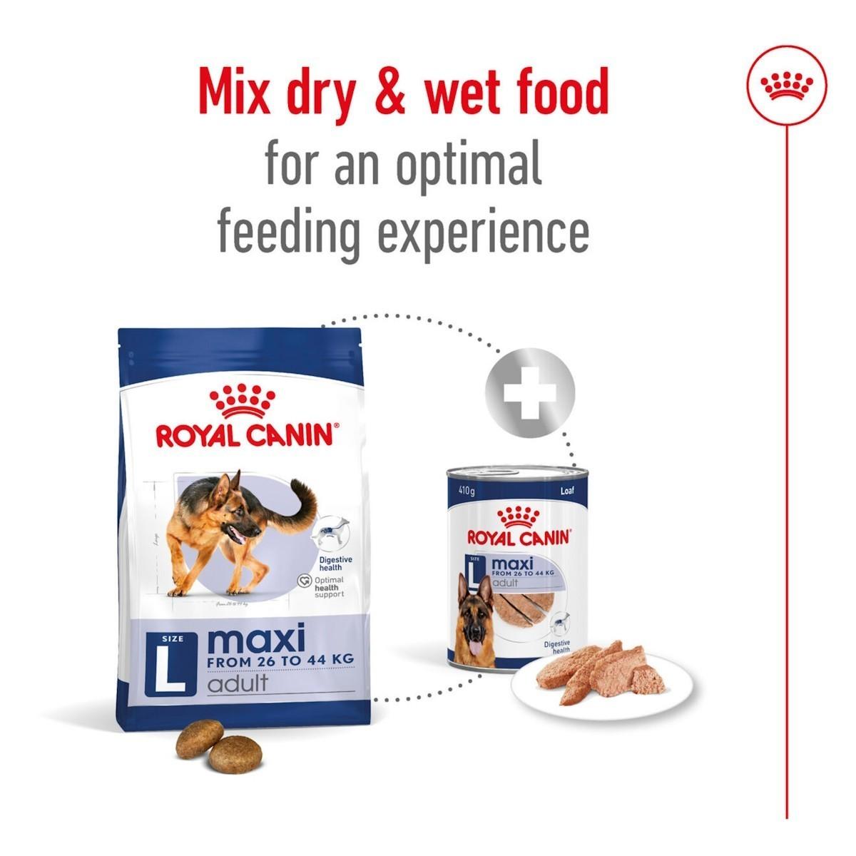 Royal Canin dog food packaging with text on an optimal feeding experience.