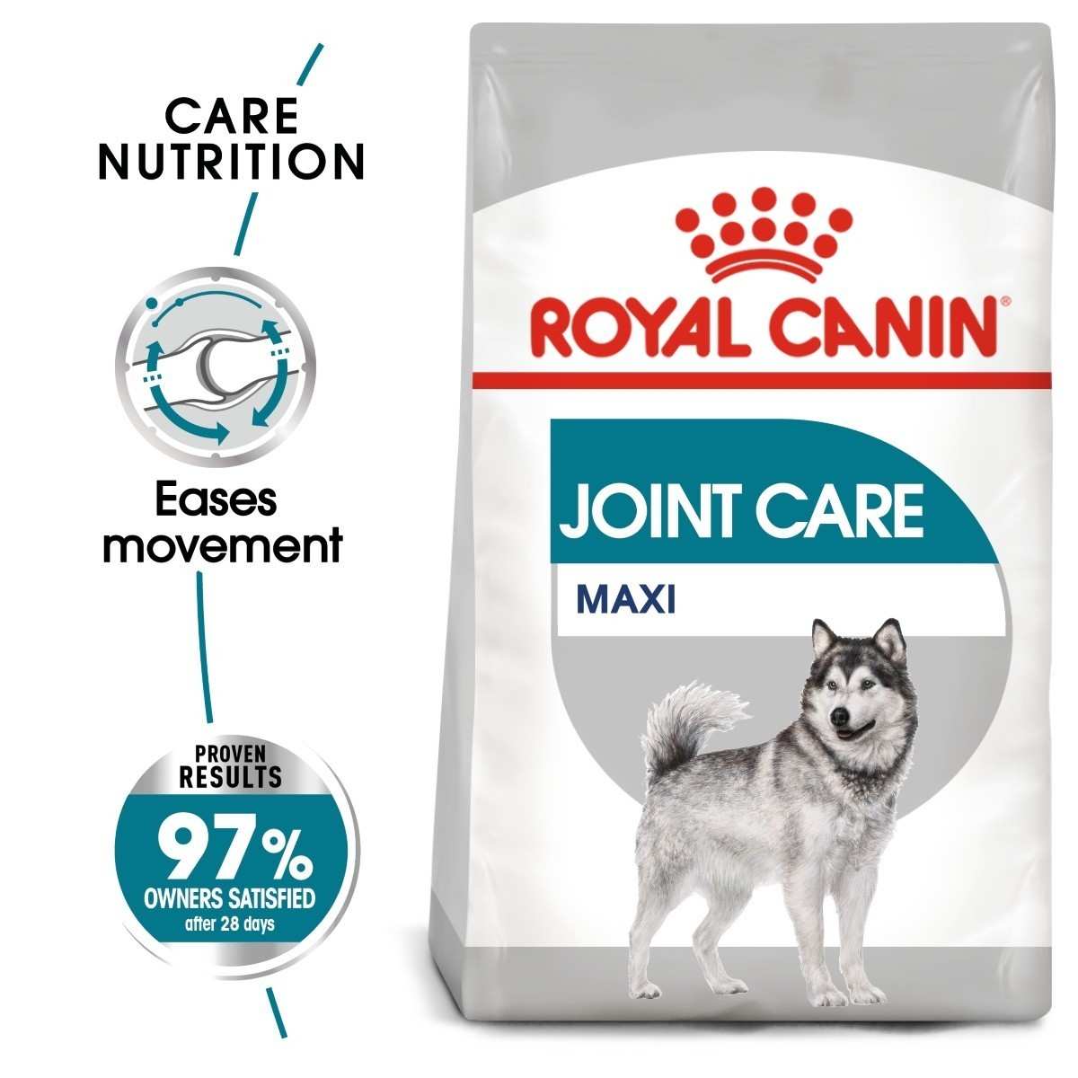 Royal Canin Joint Care Maxi dog food package with text highlighting features.