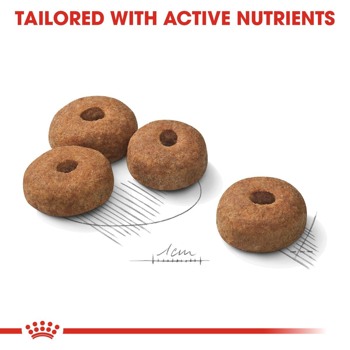 Dog food kibble with measurement scale and Royal Canin logo on a white background