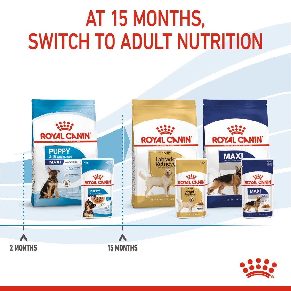 Royal Canin dog food products with text indicating switching to adult nutrition at 15 months.