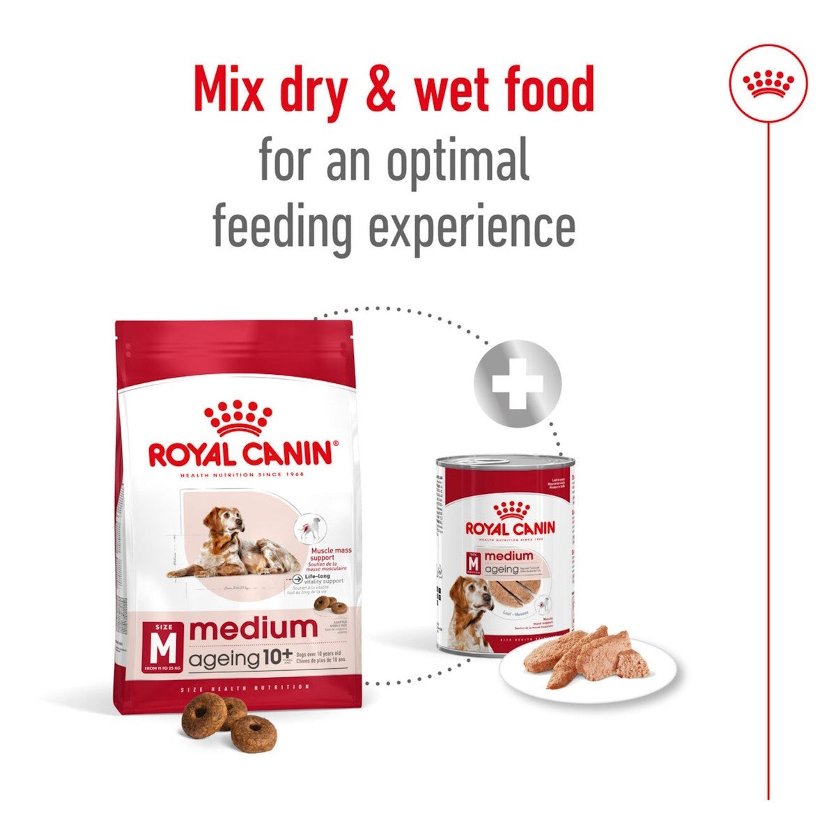 Royal Canin dog food packaging with text on an optimal feeding experience.