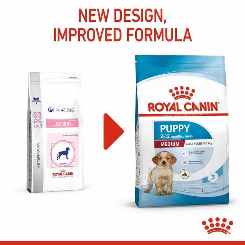 Two Royal Canin pet food packages with text indicating a new design and improved formula.