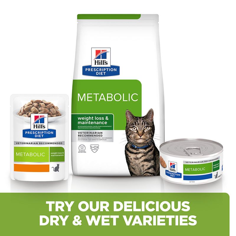 Hills Prescription Diet Metabolic cat food packaging with a cat and text on a white background