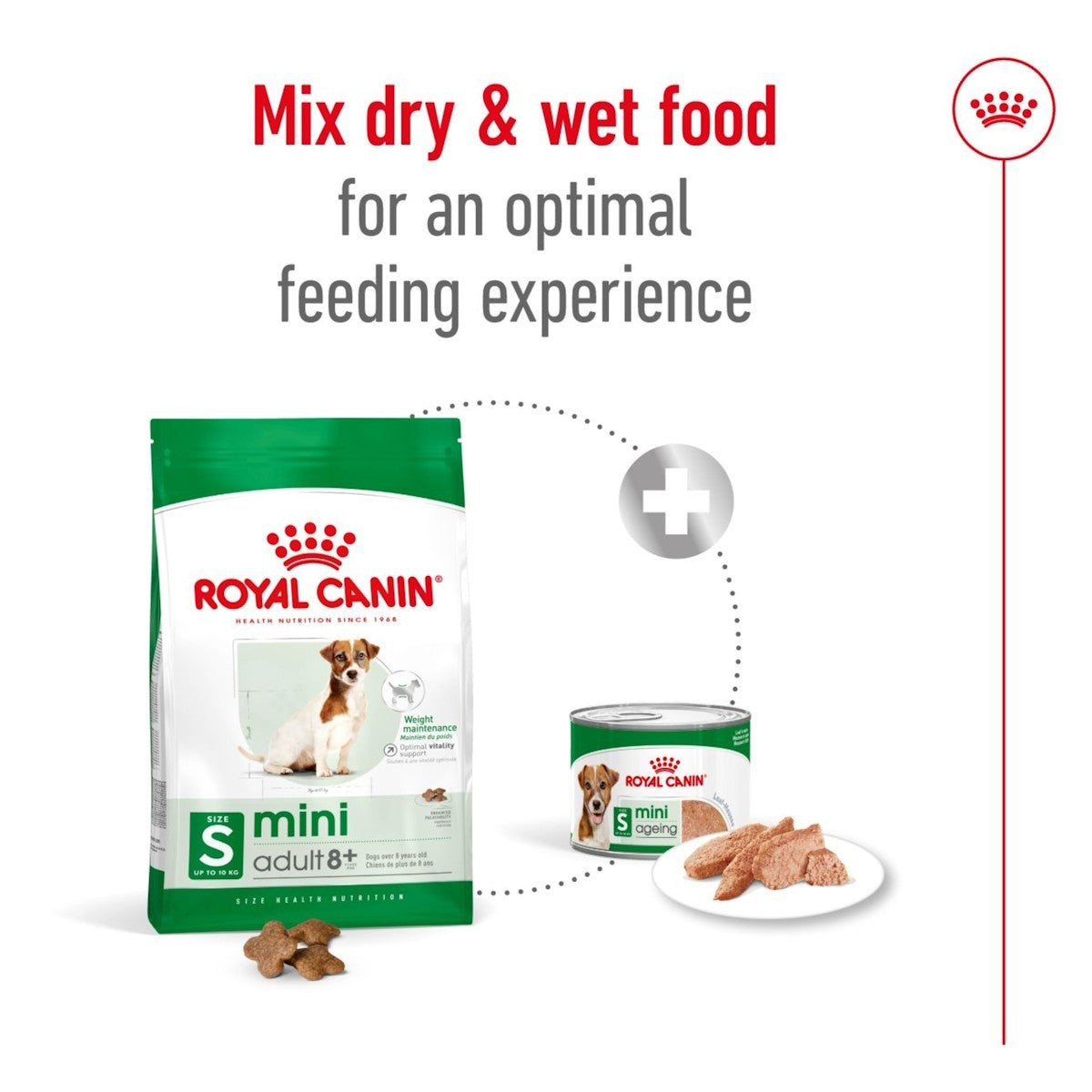 Royal Canin mini adult dog food package with a can of wet food on a white background