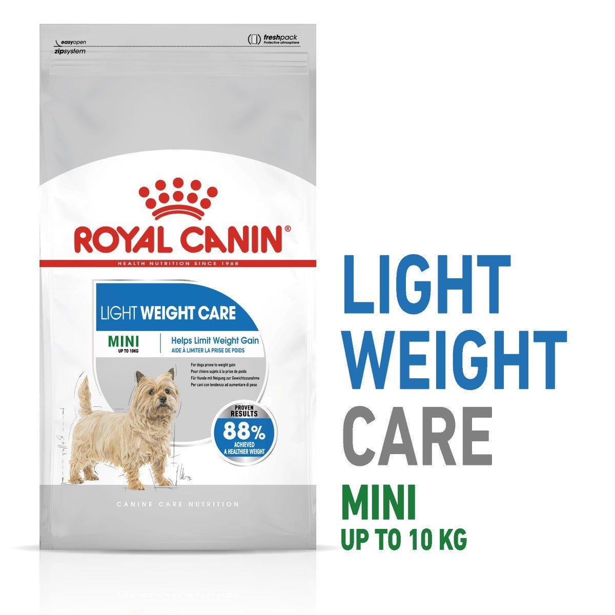 Royal Canin Light Weight Care Mini dog food package on a white background