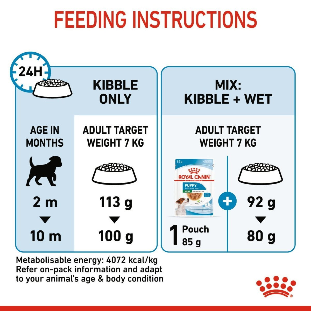 Feeding instructions for a dog with Royal Canin branding