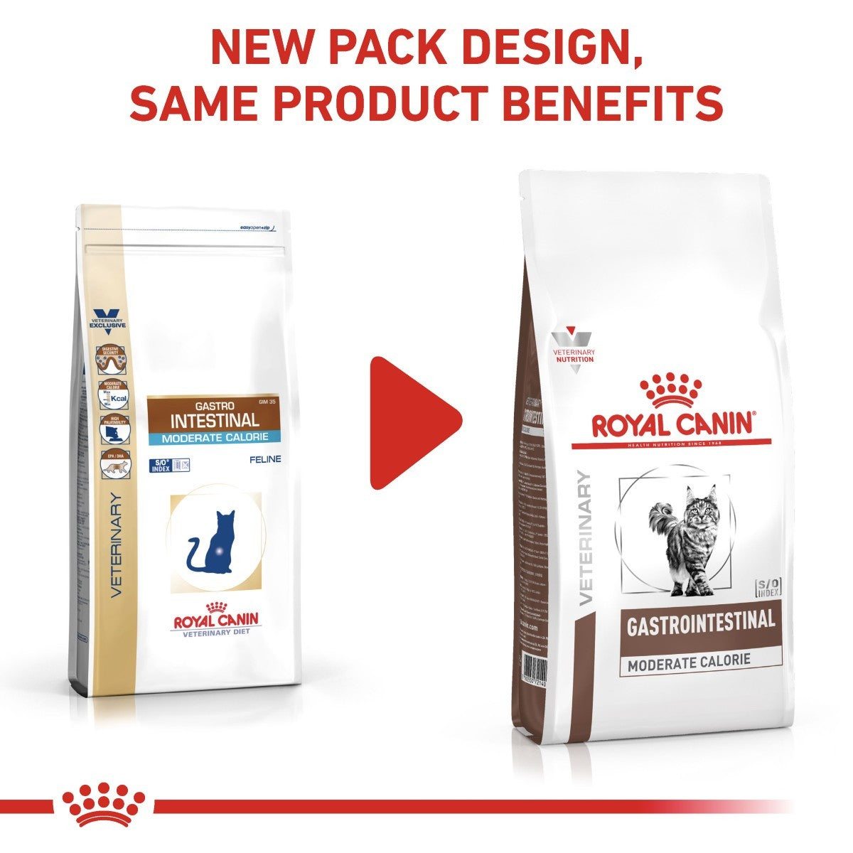 Two packages of Royal Canin Veterinary Diet Gastrointestinal Moderate Calorie on a white background with text about new packaging design.