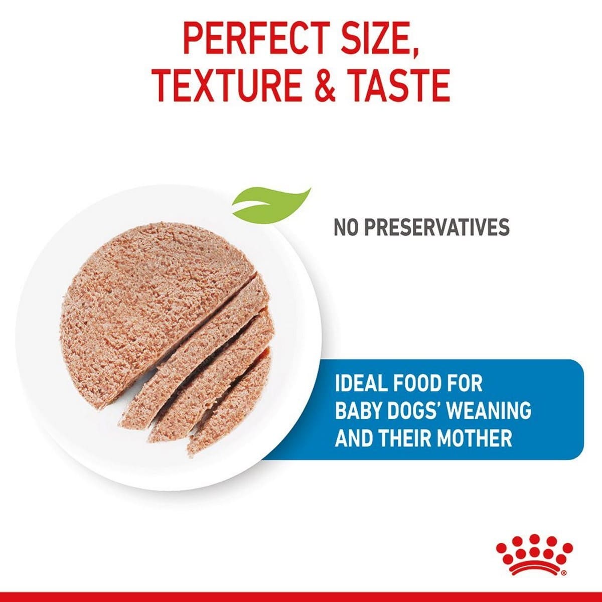 Dog food product on a white plate with text about size, texture, taste, and suitability for baby dogs' weaning.