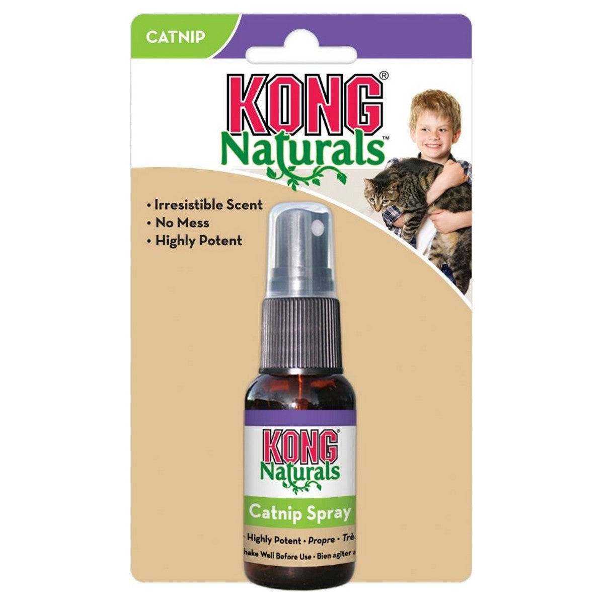 Kong Naturals Catnip Spray bottle with packaging featuring a child and cat.