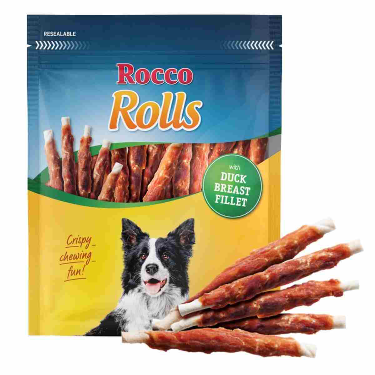 Packaging of Rocco Rolls dog treats with a dog on the label
