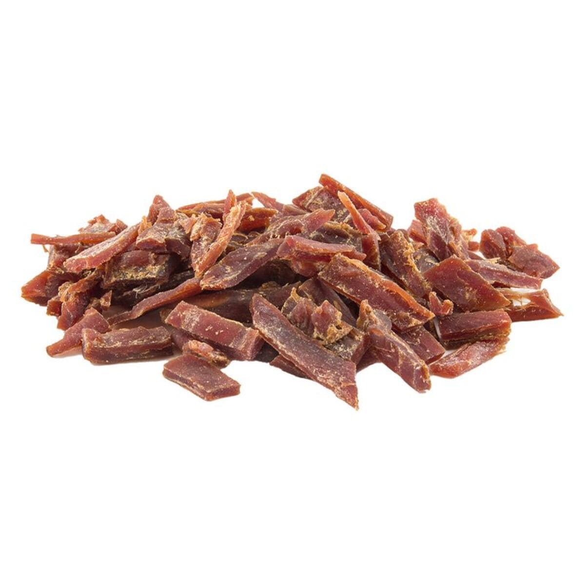 Stack of dried beef jerky pieces on a white background