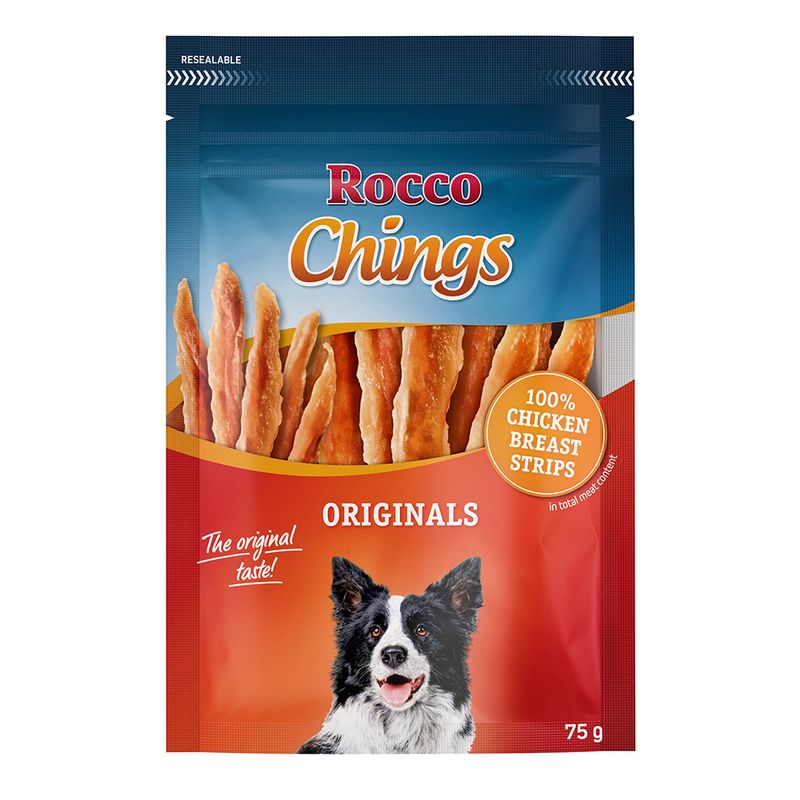 Rocco Chings dog treat package with a dog on the label