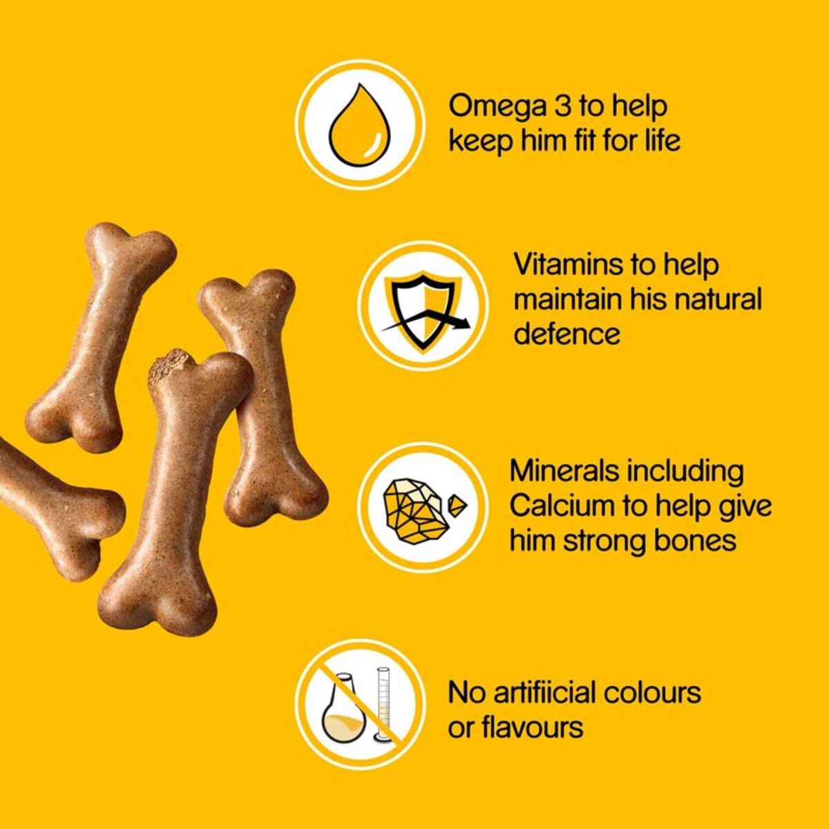 Dog treats with nutritional information on a yellow background