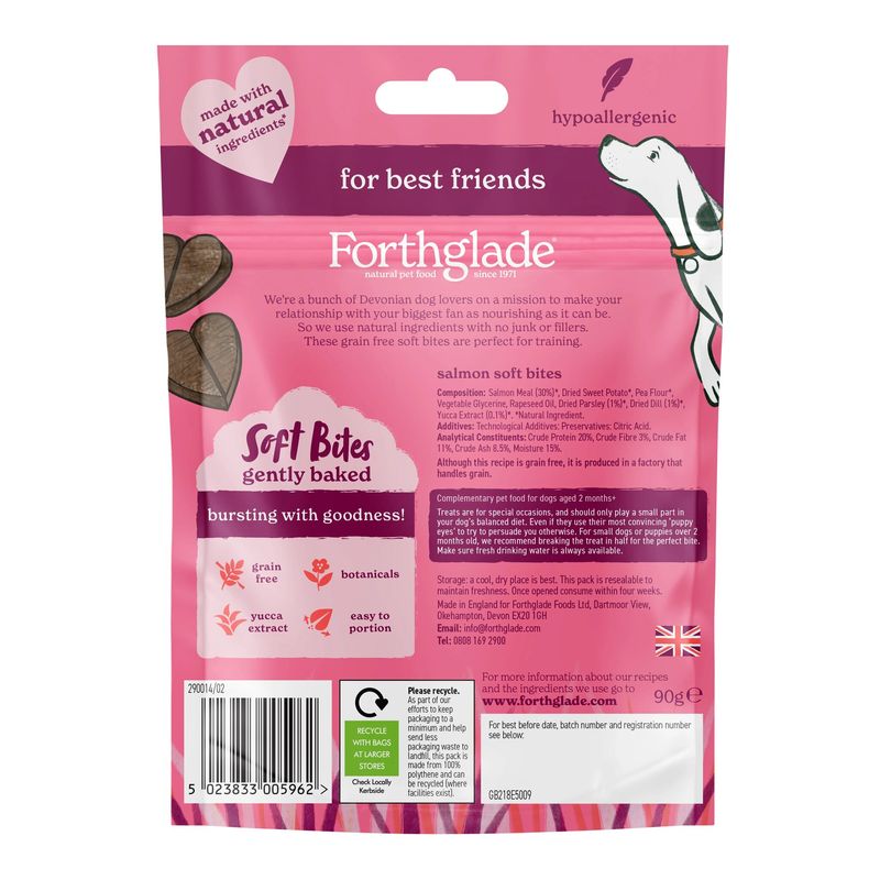 Pink package of Forthglade dog treats with text and graphics on a white background