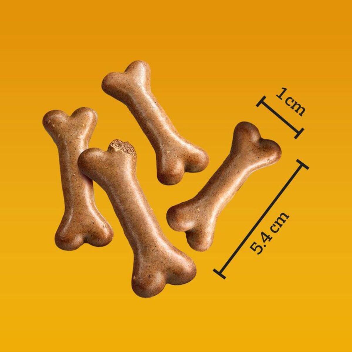 Three brown bone-shaped dog treats with measurements on a yellow background