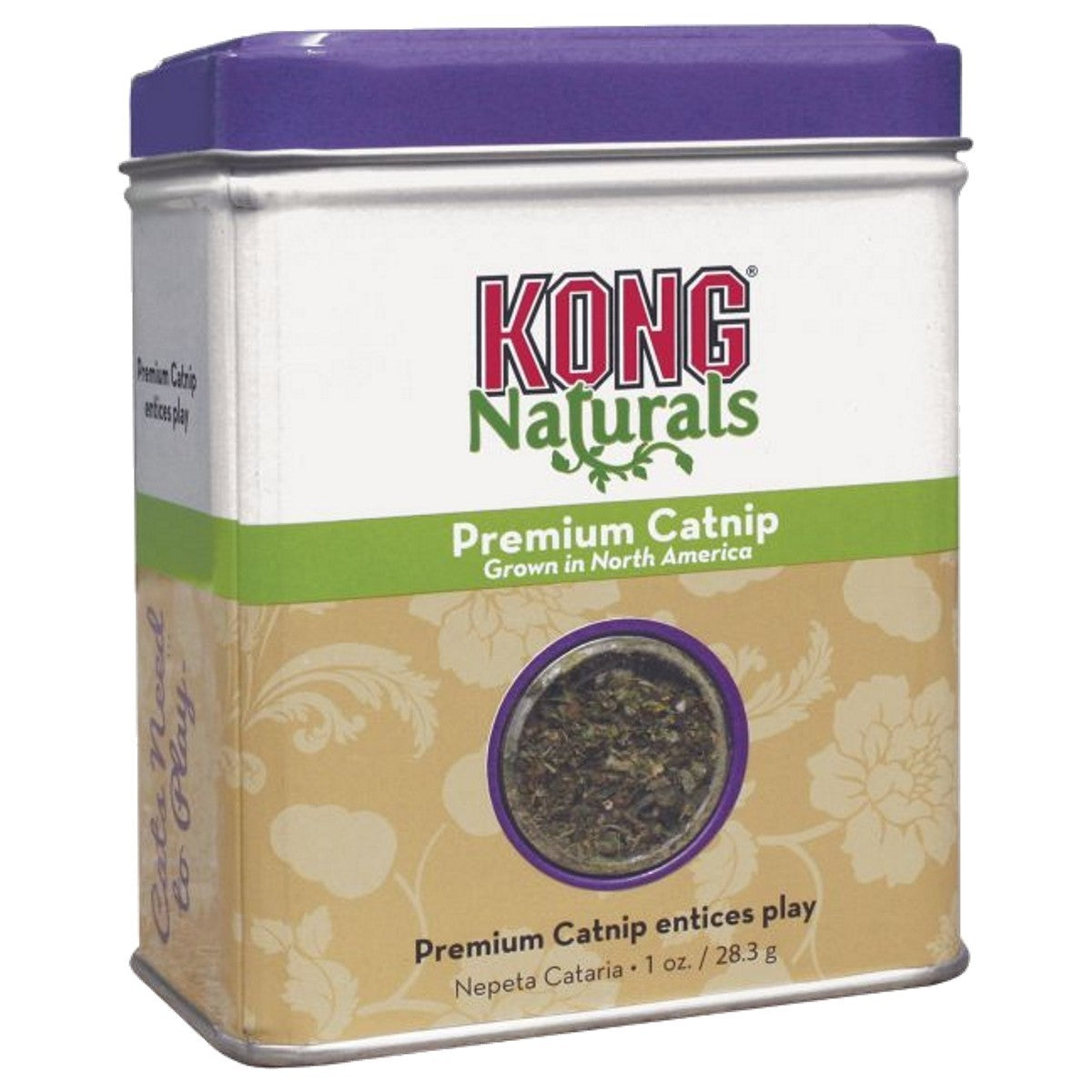 KONG Naturals Premium Catnip container with purple lid and beige label.