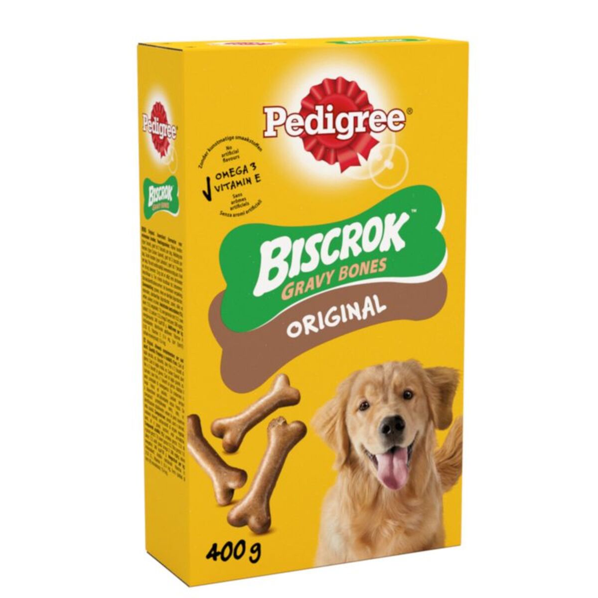 Box of Pedigree Biscrok Gravy Bones Original dog treats with a yellow background
