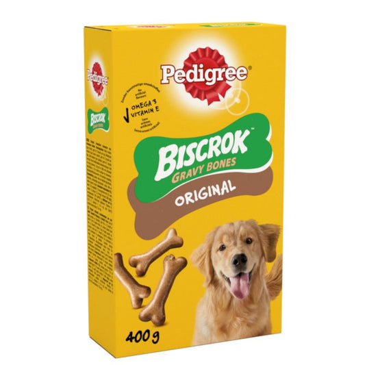 Box of Pedigree Biscrok Gravy Bones Original dog treats with a yellow background