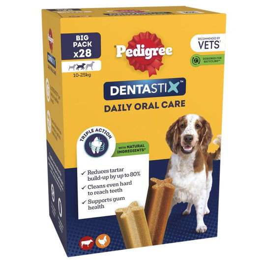 Box of Pedigree Dentastix daily oral care treats for dogs on a white background