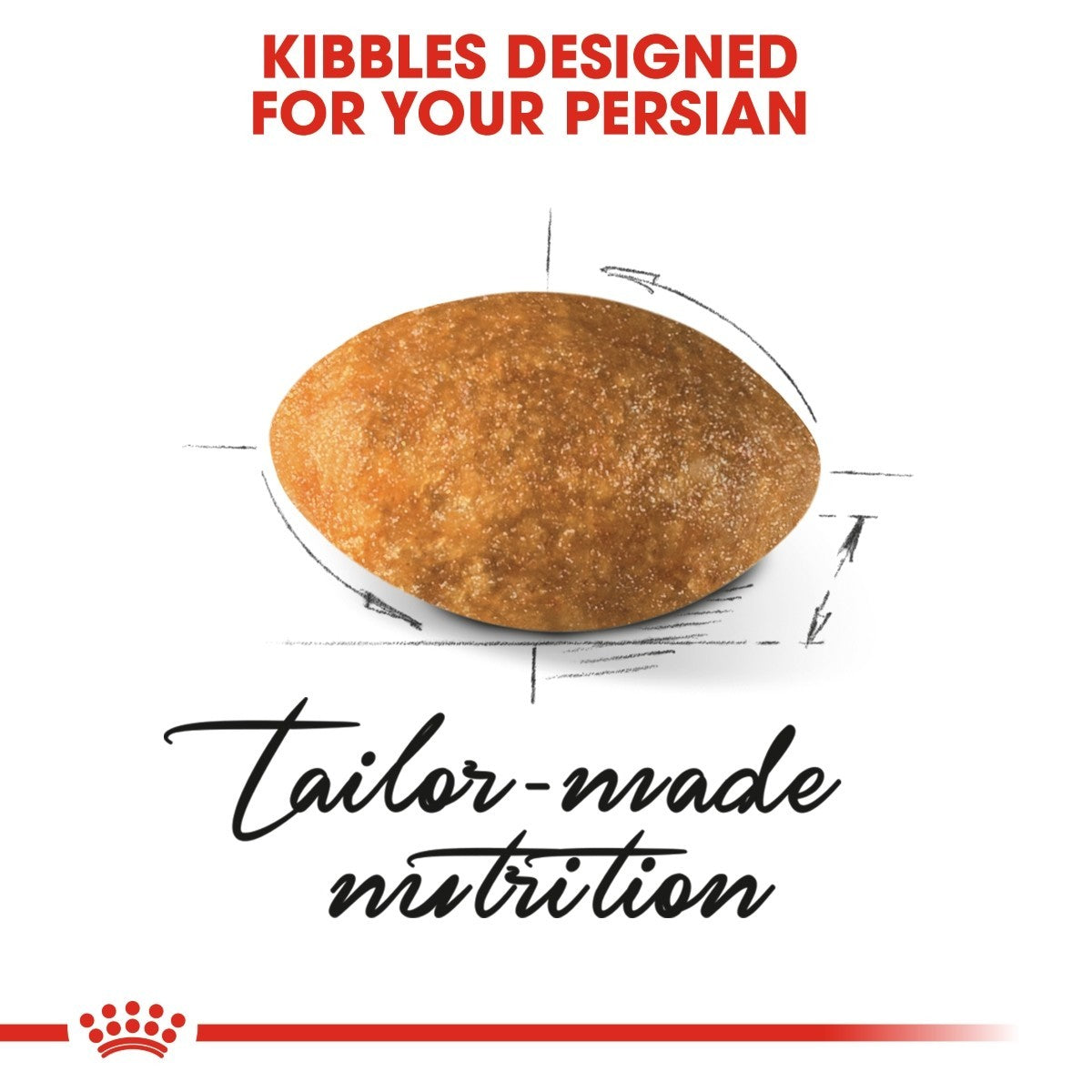 Cat food kibble with text 'Kibbles Designed for Your Persian' and 'Tailor-made nutrition' on a white background.