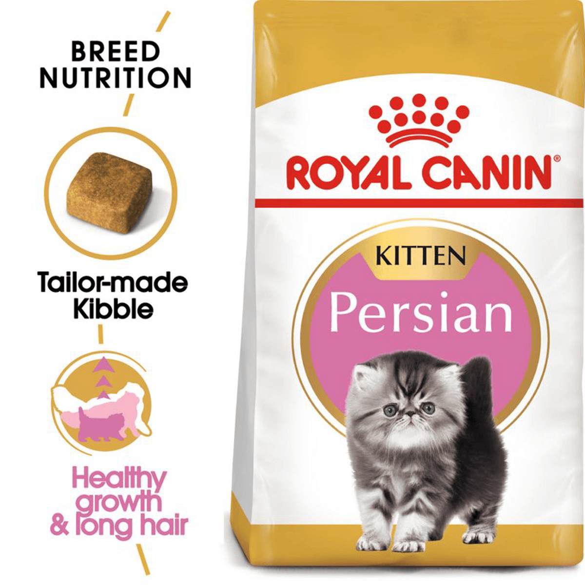 Royal Canin Persian kitten food packaging with text about breed nutrition.