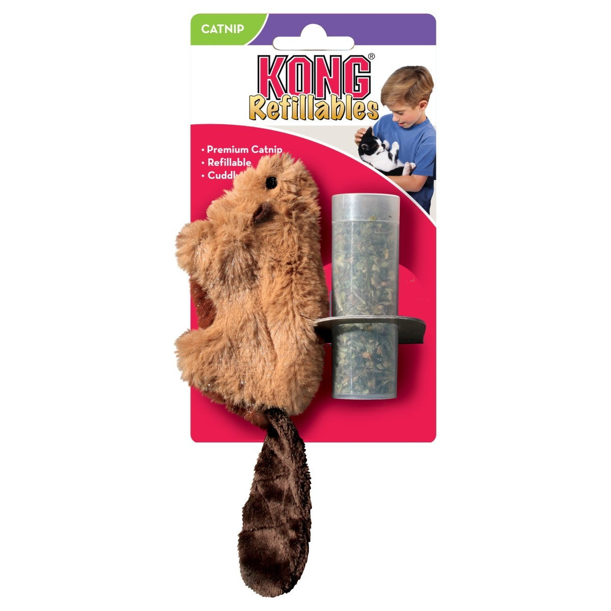 Kong Refillables cat toy with catnip on a pink and purple packaging