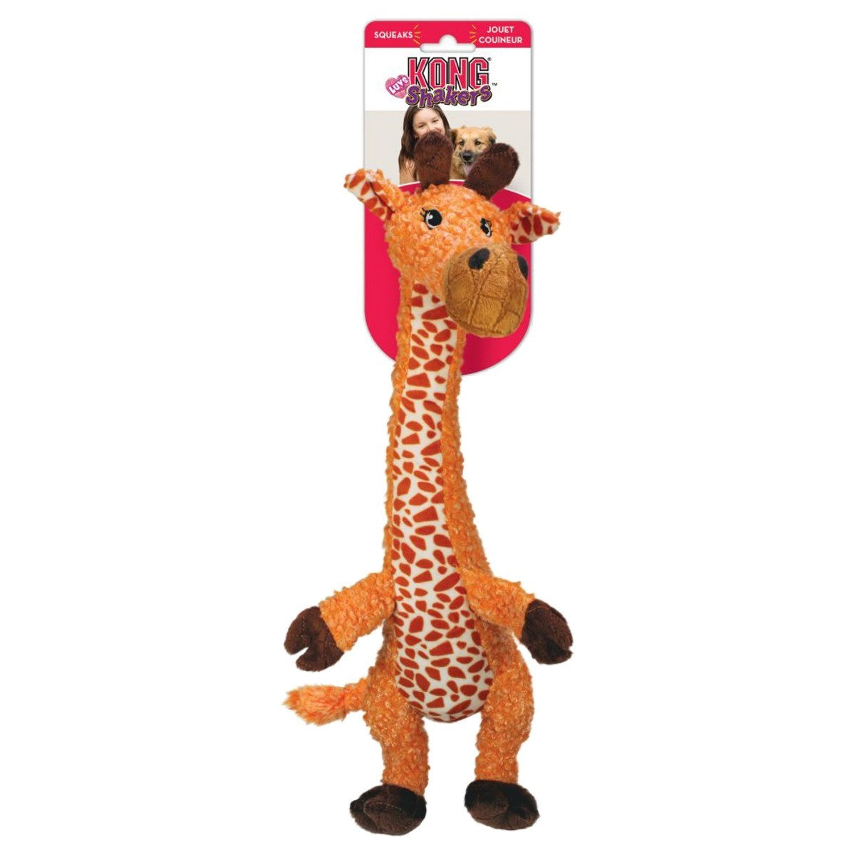 Plush giraffe toy with KONG Stacker packaging on a white background