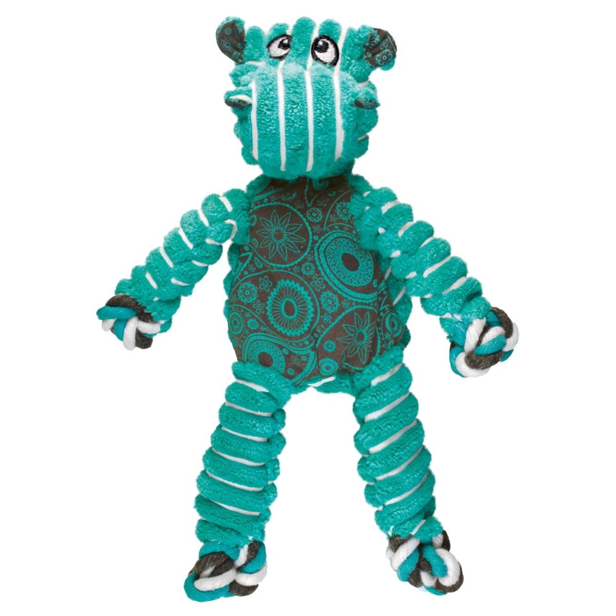 Teal and black toy with a patterned torso on a white background