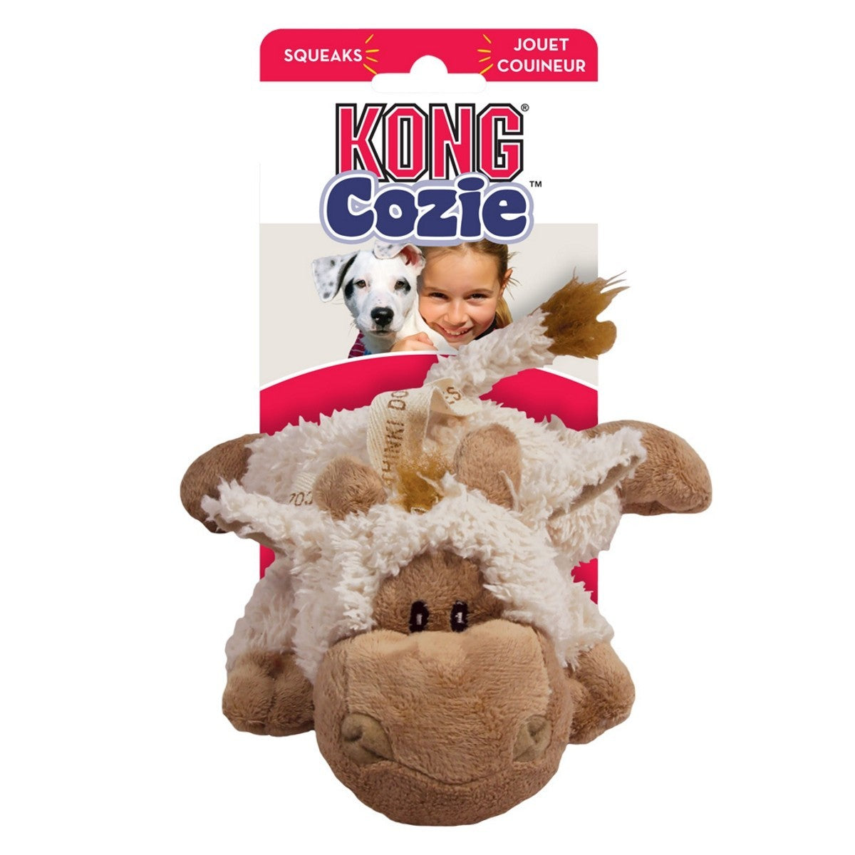 Kong Cozie toy with packaging featuring a child and dog